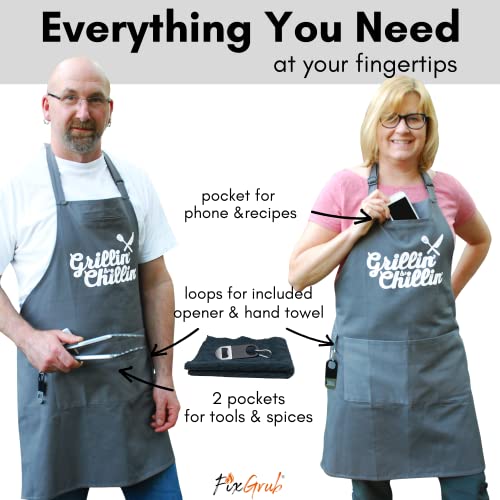 FixGrub Chef Apron for Men, Cooking Apron, Funny Apron, BBQ Apron, 3  Pockets, Bottle Opener, Towel