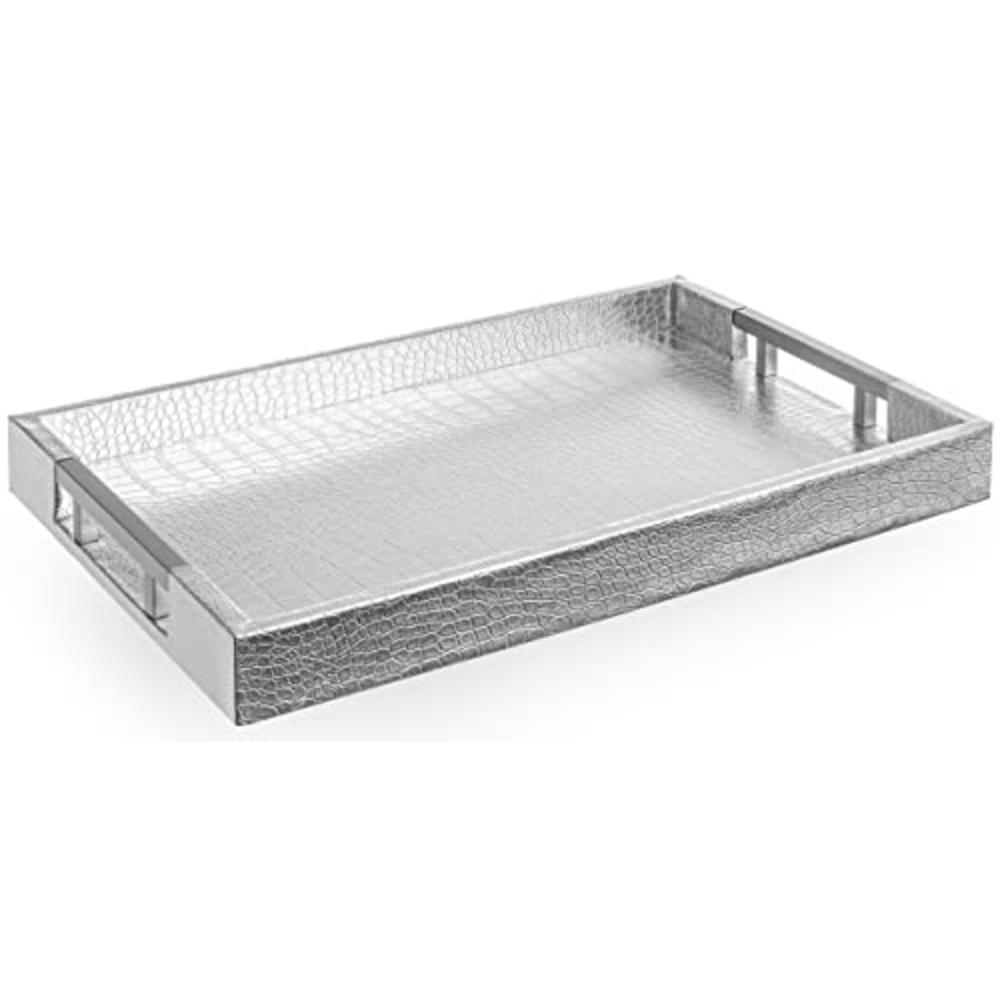Home Redefined 18"x12" Serving Tray- Silver Beautiful Modern Elegant Decorative Tray with Metal Handles- Rectangle Ottoman Coffe