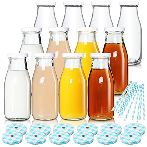 YEBODA 11oz Glass Milk Bottles with Reusable Metal Twist Lids and
