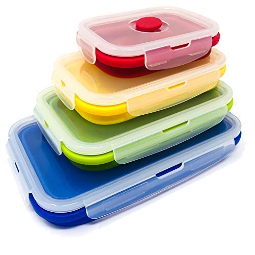 SuperDee Corp Set of 4 Collapsible Silicone Food Storage Container, Leftover Meal box For Kitchen, Bento Lunch Boxes, BPA Free, Microwave, Dis