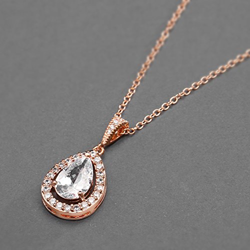 Mariell CZ Bridal Necklace Pendant with Pave Frame Halo and Pear-Shaped Teardrop 14K Rose Gold Plating