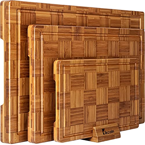 Kikcoin Extra Large Bamboo Cutting Boards, (Set of 3) Chopping Boards with Juice Groove Bamboo Wood Cutting Board Set Butcher Block for 