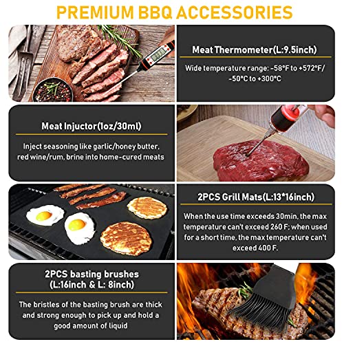Taimasi 34Pcs BBQ Grill Accessories Tools Set, 16 Inches Stainless Steel Grilling Tools with Carry Bag, Thermometer, Grill Mats 