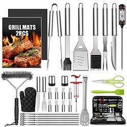 Taimasi 34Pcs BBQ Grill Accessories Tools Set, 16 Inches Stainless Steel Grilling Tools with Carry Bag, Thermometer, Grill Mats 