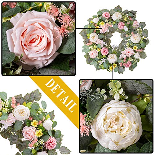 WANNA-CUL 24 Inch Spring Artificial Peony Flower Wreath for Front Door for Wedding ,Pink Rose Floral Door Wreath with Rustic Gra