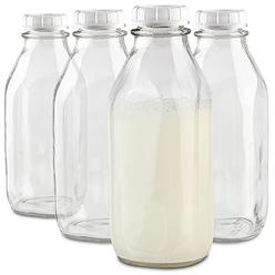 Stock Your Home Liter Glass Milk Bottles with 8 White Caps (4 pack) - 32-Oz Food Grade Milk Jars with Lids - Dishwasher Safe - Bottles for Milk,