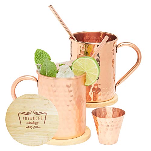 Advanced Mixology Authentic Moscow Mule Copper Mugs Set of 2 (16oz) | Cylinder-Shaped 100% Copper Cups Set w/ 2 Straws, 2 Wooden