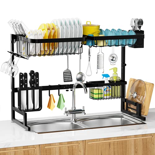 MERRYBOX Over The Sink Dish Drying Rack, MERRYBOX 2-Tier Adjustable Length (25.6-33.5in), Stainless Steel Dish Drainer with Cutting Board