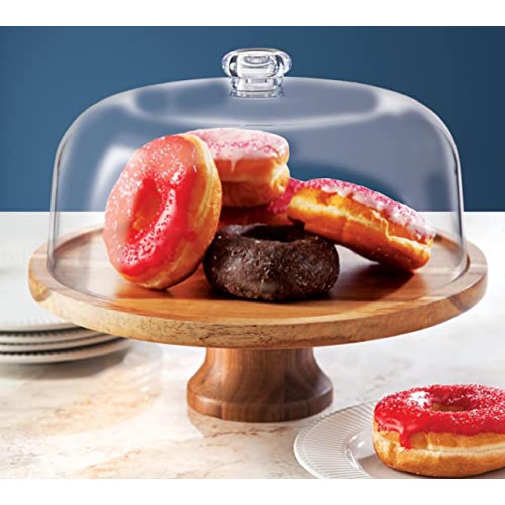 Godinger Cake Stand, Footed Cake Plate with Dome, Acaciawood and Shaterproof Acrylic Lid, Wood Cake Stand with Dome