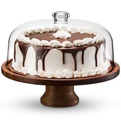 Godinger Cake Stand, Footed Cake Plate with Dome, Acaciawood and Shaterproof Acrylic Lid, Wood Cake Stand with Dome