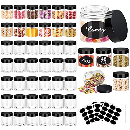 SLifeJars 4OZ Plastic Jars 48Pcs Wide Mouth Round Clear Container Jars with Black Lids Stackable Empty Slime Jars Refillable Clear Airtigh