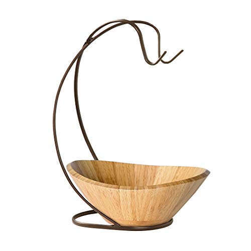 Seville Classics Bamboo Fruit Bowl with Banana Hook Steel Wire Tree Storage Basket, 13" L x 11" W, Espresso Brown
