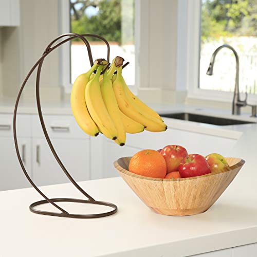 Seville Classics Bamboo Fruit Bowl with Banana Hook Steel Wire Tree Storage Basket, 13" L x 11" W, Espresso Brown