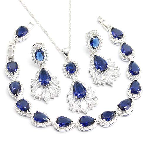 GZJY Water Drop Shape Jewelry Set Royal Blue Crystal Bracelet Necklace Earrings for Women (Blue)