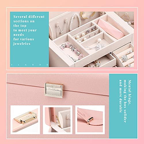 Vlando Jewelry Box, Faux Leather Medium Jewelry Organizer, Vintage gift for Women -Pink-Cross Pattern