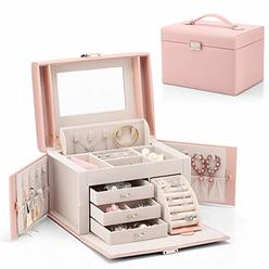 Vlando Jewelry Box, Faux Leather Medium Jewelry Organizer, Vintage gift for Women -Pink-Cross Pattern