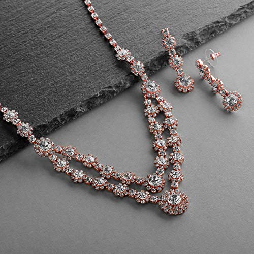 Mariell Rose Gold 2-Row Rhinestone Crystal Necklace Earrings Set for Prom, Brides & Bridesmaids Jewelry
