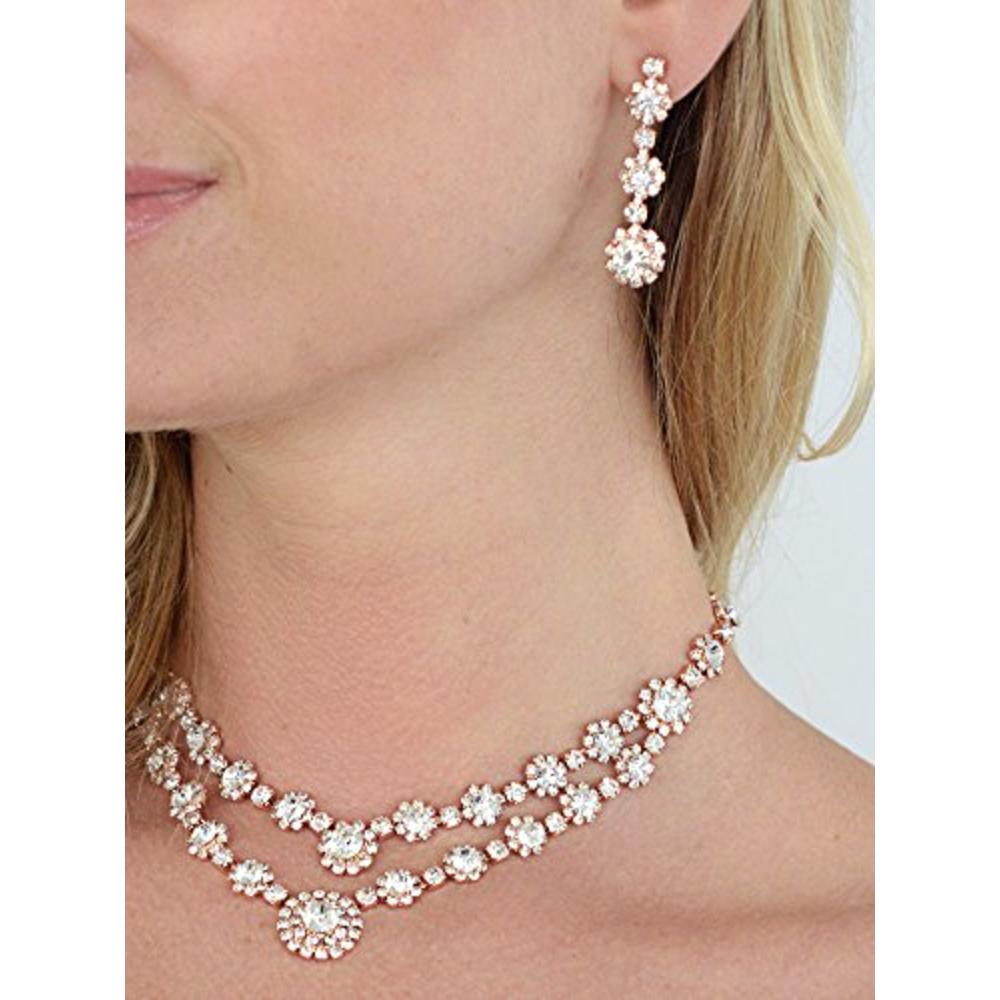 Mariell Rose Gold 2-Row Rhinestone Crystal Necklace Earrings Set for Prom, Brides & Bridesmaids Jewelry
