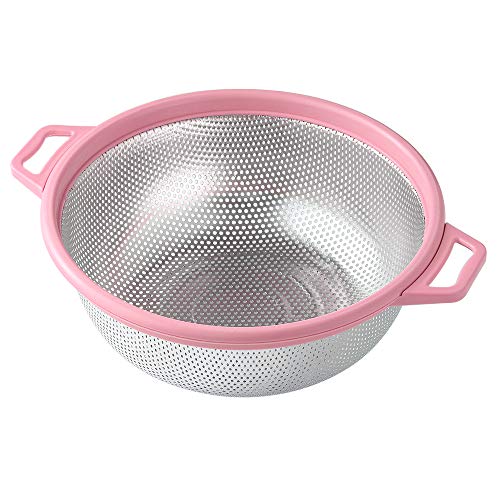HiramWare Stainless Steel Colander With Handle and Legs, Large Metal Pink Strainer for Pasta, Spaghetti, Berry, Veggies, Fruits, Noodles, 