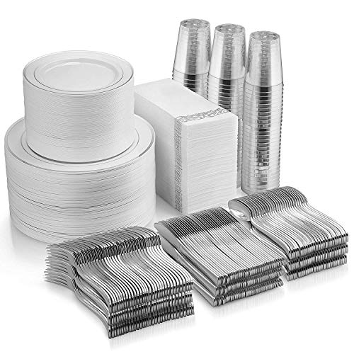 Munfix 700 Piece Silver Dinnerware Set - 200 Silver Rim Plastic Plates - 300 Silver Plastic Silverware - 100 Silver Plastic Cups - 100 