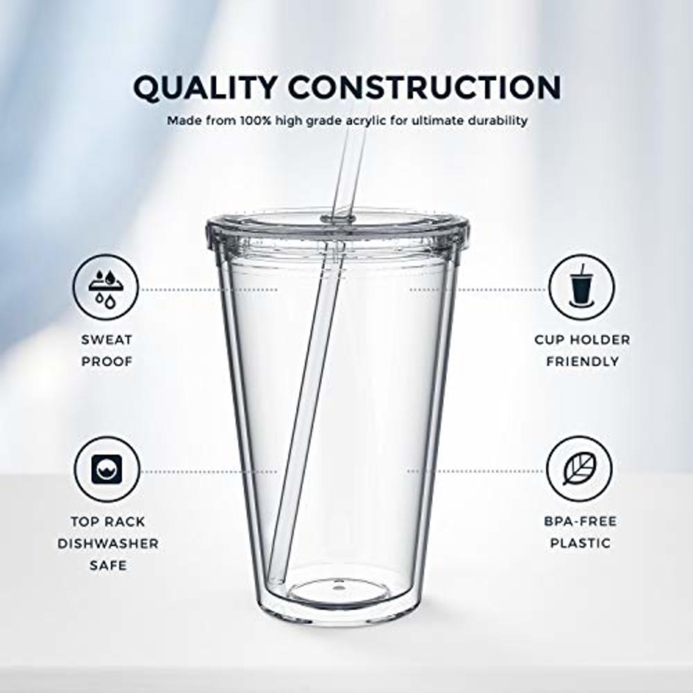 Maars Drinkware Bulk Double Wall Insulated Acrylic Tumblers with Straw and Lid (Lot of 24), 16 oz., Clear