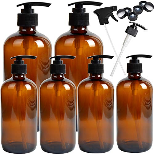 Youngever 6 Pack Empty Glass Pump Bottles, 2 Pack 16 Ounce and 4 Pack 8 Ounce Pump Bottles, Soap Dispenser, Refillable Container