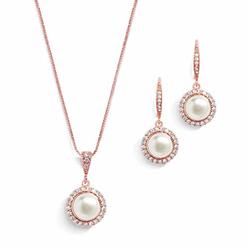 Mariell Freshwater Pearl Wedding Necklace & Earrings Rose Gold Halo Jewelry Set for Bridesmaids & Brides