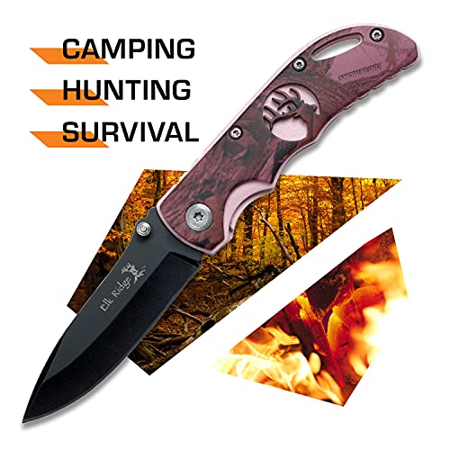Elk Ridge - Outdoors Folding knife - 3.75-in Black Stainless Steel Blade, Purple Camo Coated Pink Aluminum Handle, Pocket Clip -