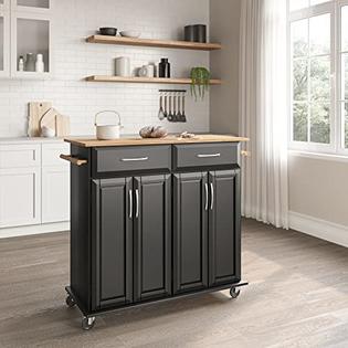 BELLEZE Modern Rolling Kitchen Island Utility Cart with Two Drawers, Storage Cabinets, Handle Towel Racks, Rubber Wood Top, and