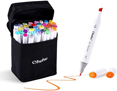 Ohuhu Alcohol Markers, Double Tipped Art Markers for Kids, Adults Coloring Illustrations, Alcohol-based Ink, 40 Unique Colors + 
