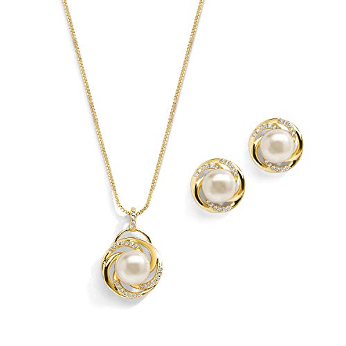 Mariell Freshwater Pearl Button Wedding Necklace and Earrings Gold Jewelry Set for Bridesmaids & Brides