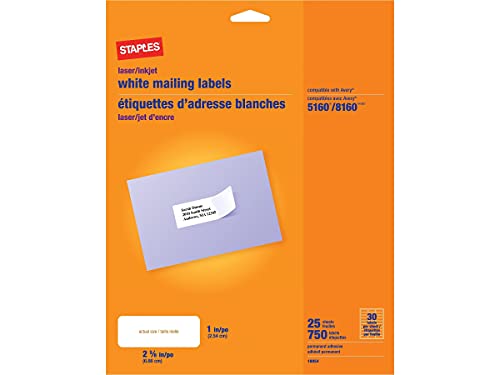 Staples 18054 SIWJ100 White Mailing Labels for Laser & Inkjet ...