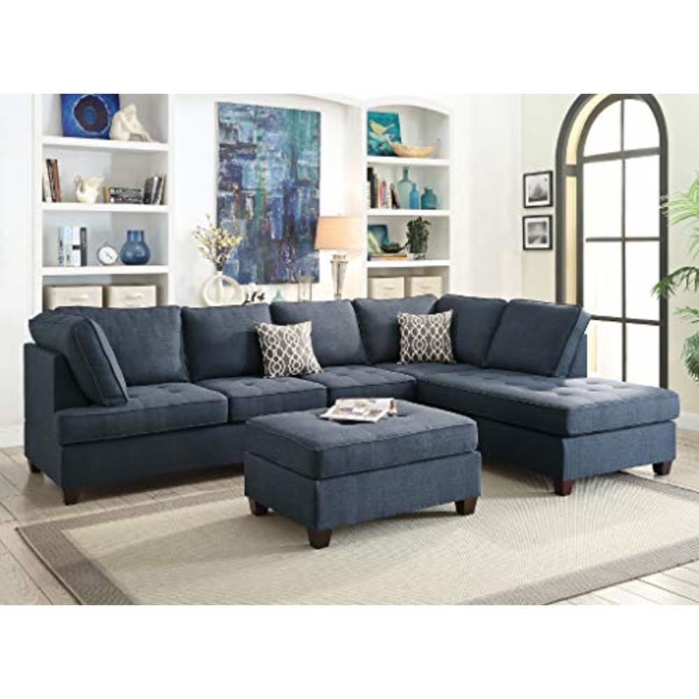Poundex Bobkona Kemen 2-Pieces Sectional Sofa | Linen-Like Polyfabric Left or Right Chaise | F6989 model | Blue color