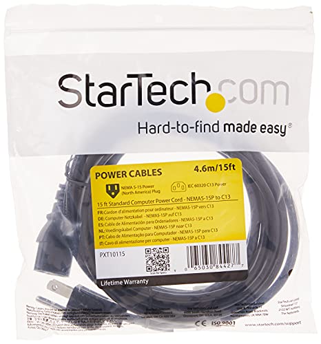 StarTech.com 15 ft Standard Computer Power Cord (NEMA 5-15 to IEC 60320 C13) - 18 AWG Replacement AC Power Cable for PC or Monit