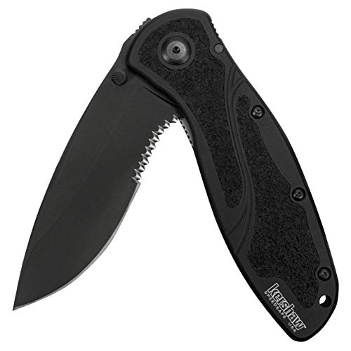 Kershaw Blur, Black Serrated (1670BLKST); Folding Knife with All-Black Body, Partially Serrated 3.4” 14C28N Steel Blade, Anodize