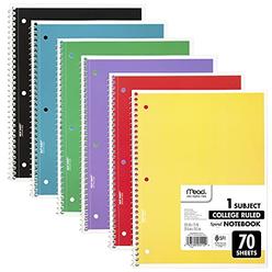 Mead Spiral Notebooks, 1 Subject, College Ruled Paper, 70 Sheets, Colored Note Books, Lined Paper, Home School Supplies for Coll
