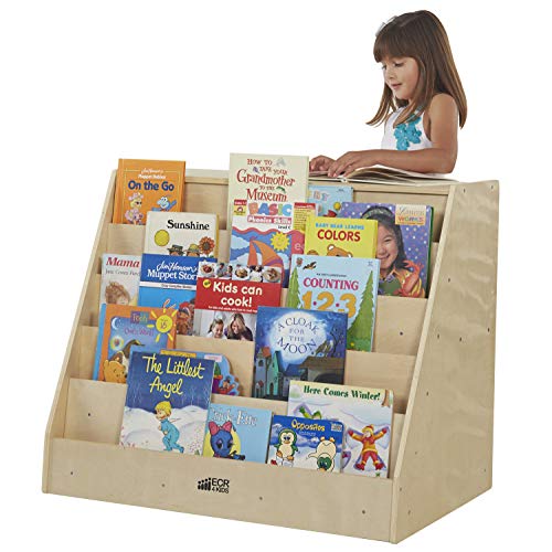ECR4Kids Birch Book Display Stand with Storage with Rolling Casters, Double-Sided Hardwood Book Shelf Organizer for Kids,