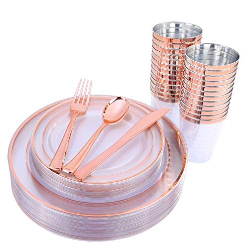 I00000 25Guest Rose Gold Plastic Plates with Disposable Silverware & Cups, Disposable Dinnerware Set Includes 25 Dinner Plates 1
