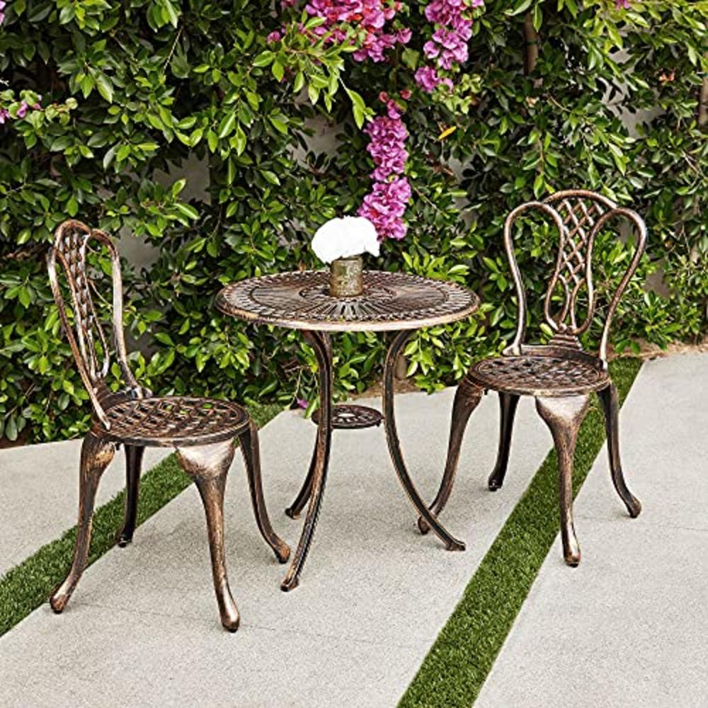 BELLEZE Cast Aluminum 3 Piece Bistro Set, Weather Resistant Round Outdoor Patio Metal Garden Cafe Dining Table with 2 Chairs, Bo
