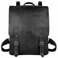 LXY Vegan Leather Backpack Vintage Laptop Bookbag for Women Men, Black Faux Leather Backpack Purse College School Bookbag Weeken