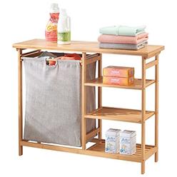 mDesign Bamboo Freestanding Laundry Hamper Basket Table - Storage Shelves for Folding Clothes and Organizing Detergent, Fabric S