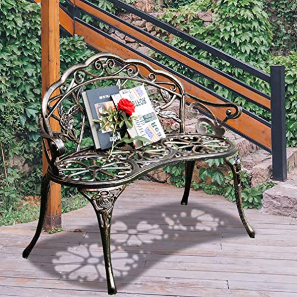 FDW Garden Bench Park Bench Metal Bench Outdoor Benches Clearance Patio Yard Bench Floral Rose Accented Bronze