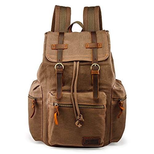 GEARONIC TM 21L Vintage Canvas Backpack for Men Leather Rucksack Knapsack 15 inch Laptop Tote Satchel School Military Army Shoul