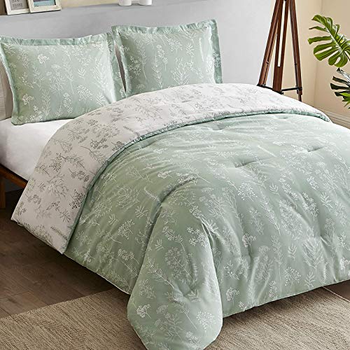 Bedsure Queen Comforter Set Green White - Reversible Floral Sage Green Comforter Set for Queen Bed, 3 Pieces Flowers Plants All 