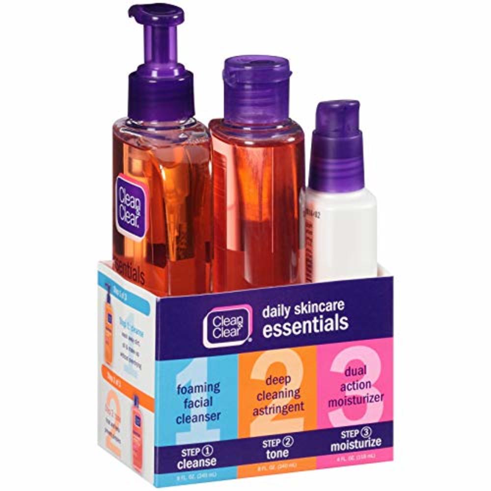 Clean & Clear Daily Acne Skincare Essentials Set with Foaming Facial Cleanser, Deep Cleaning Astringent & Dual Action Moisturize