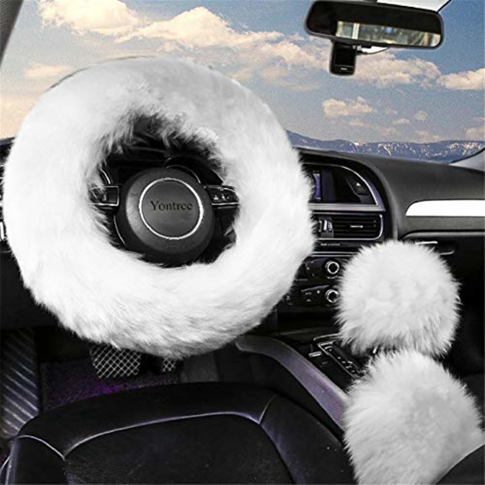 Yontree Fashion Fluffy Steering Wheel Covers for Women/Girls/Ladies Australia Pure Wool 15 Inch 1 Set 3 Pcs (White)