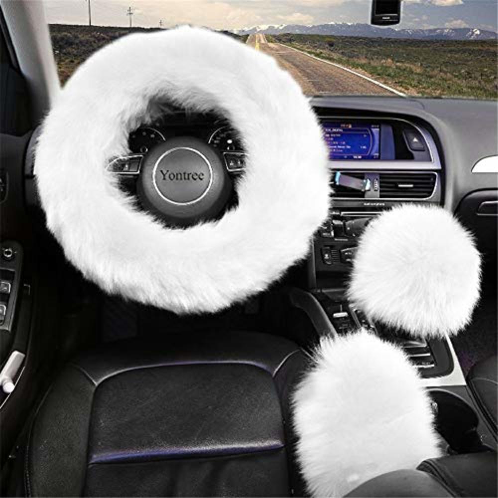 Yontree Fashion Fluffy Steering Wheel Covers for Women/Girls/Ladies Australia Pure Wool 15 Inch 1 Set 3 Pcs (White)