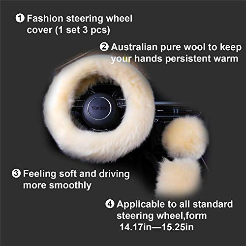 Yontree Fashion Fluffy Steering Wheel Covers for Women/Girls/Ladies Australia Pure Wool 15 Inch 1 Set 3 Pcs (Yellow)