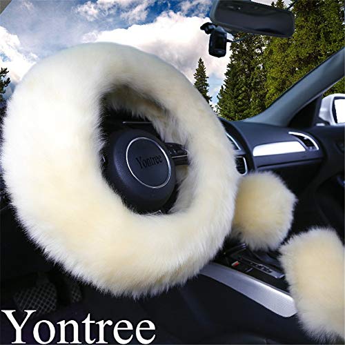 Yontree Fashion Fluffy Steering Wheel Covers for Women/Girls/Ladies Australia Pure Wool 15 Inch 1 Set 3 Pcs (Yellow)
