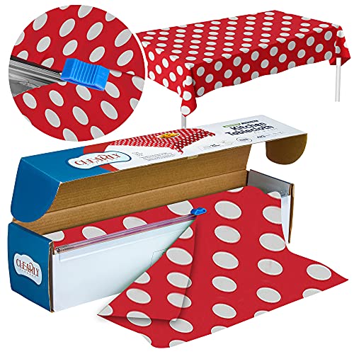 Clearly Elegant Red Polka Dot Picnic Party Plastic Tablecloth Roll, Disposable Table Cloth On a Roll with Self Cutter Box, Baby 